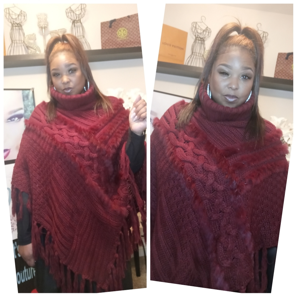 Burgundy Fur & Sweater Poncho